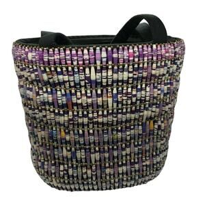 Unique Bucket Purple Multi Color Beaded Shoulder Bag Tote Purse 10"H & 11" W